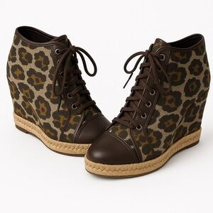 THEORY Cheetah Print Brown Leather Espadrille Wedge Oxfords – Size 7